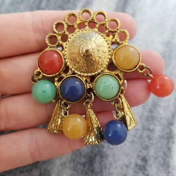 Vintage Funky Beaded Gold Tone Brooch, Retro 80s Design, estate - Picture 3 of 5